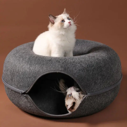 Donut Cat Bed with Tunnel – Indoor Interactive Pet House for Play and Relaxation