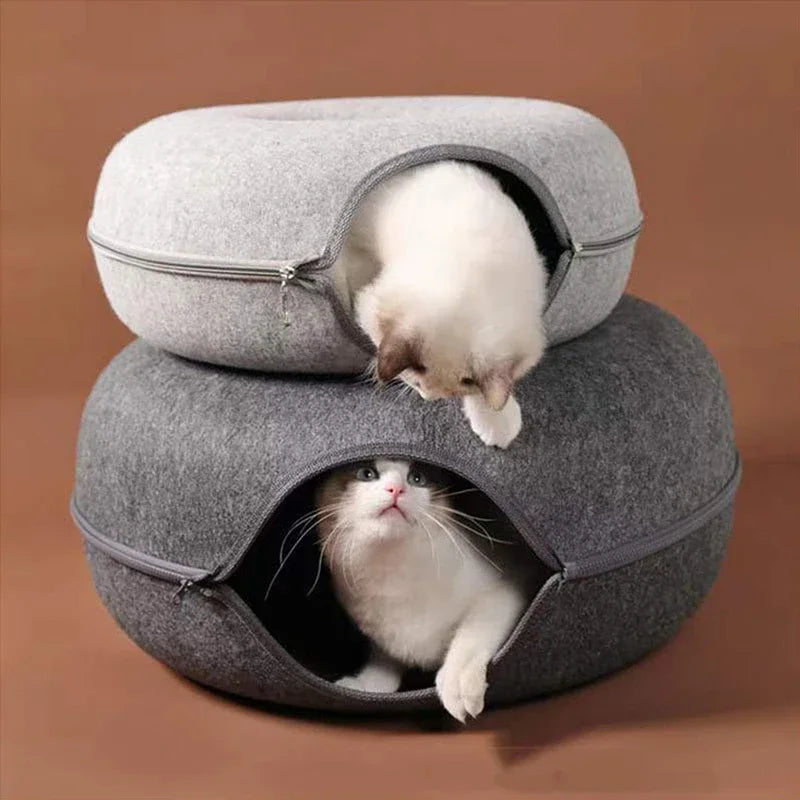 Donut Cat Bed with Tunnel – Indoor Interactive Pet House for Play and Relaxation