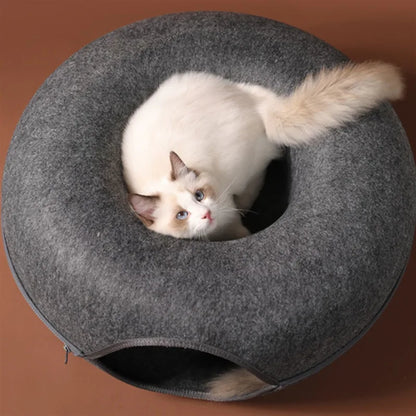 Donut Cat Bed with Tunnel – Indoor Interactive Pet House for Play and Relaxation