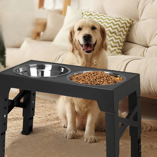 Height-Adjustable Dog Bowl Stand with Dual Stainless Steel Feeding Bowls for Pets